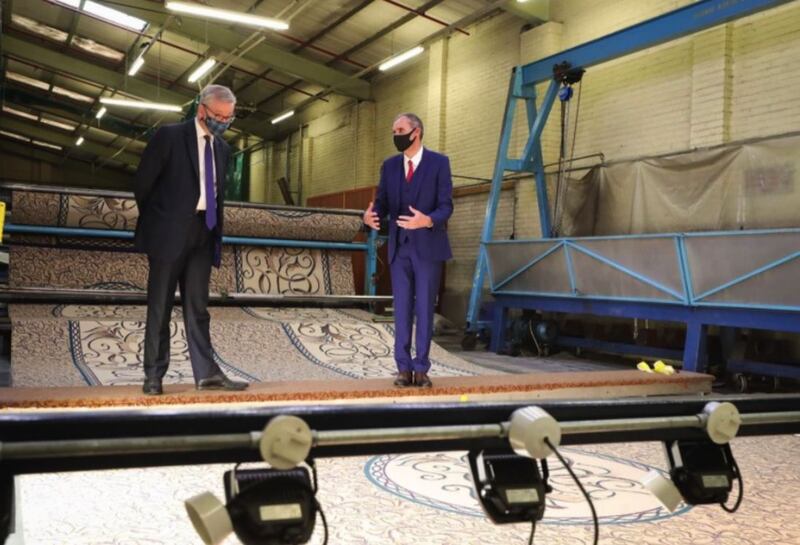 Chancellor of the Duchy of Lancaster Michael Gove during his visit to the Ulster Carpets factory in Co Armagh. Picture Press Eye, Press Association