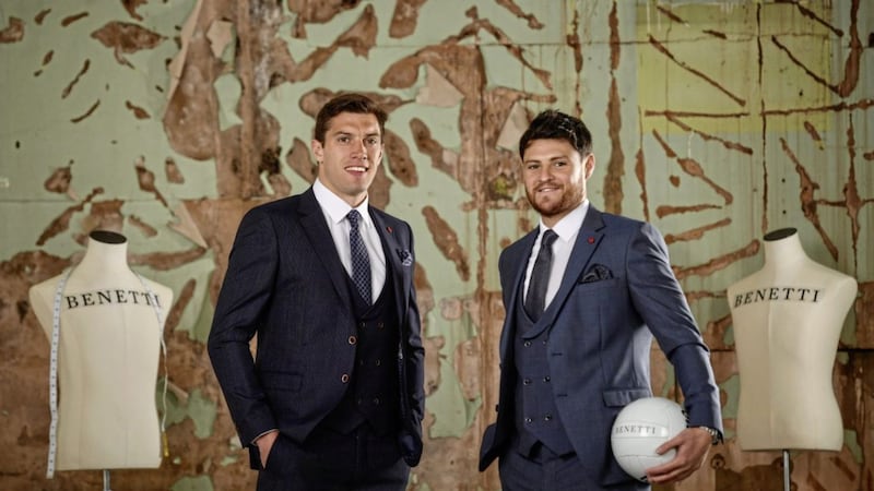 Former Down footballer, Marty Clarke, right, and current Kerry footballer, David Moran were in Dublin for the reveal and official launch of the Benetti Menswear GAA Ambassador campaign for 2018. Both players are just two of a host of the top intercounty hurlers and footballers who will be representing Benetti for the GAA championship season. Benetti are an Irish designed menswear clothing brand who supply a fully comprehensive collection in tailoring, casual menswear, footwear and accessories. For further information about Benetti and their new brand ambassador campaign log on to www.benetti.ie Photo by Ramsey Cardy/Sportsfile 