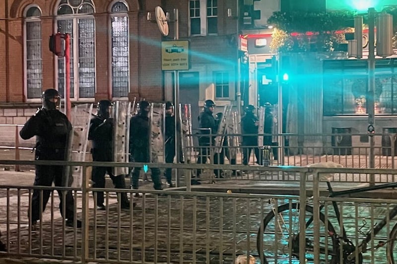 Garda officers in riot gear in Dublin city centre on Wednesday evening. Picture: Patricia MacBride