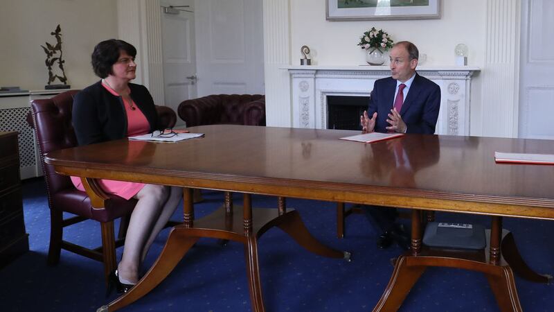 First Minister Arlene Foster with Taoiseach Mich&eacute;al Martin at Stormont Castle last July&nbsp;