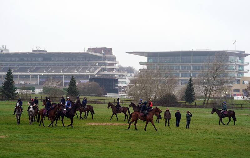 Willie Mullins and his horses on the gallops at Cheltenham Racecourse, ahead of the 2024 Cheltenham Festival, which begins tomorrow. Picture date: Monday March 11, 2024.