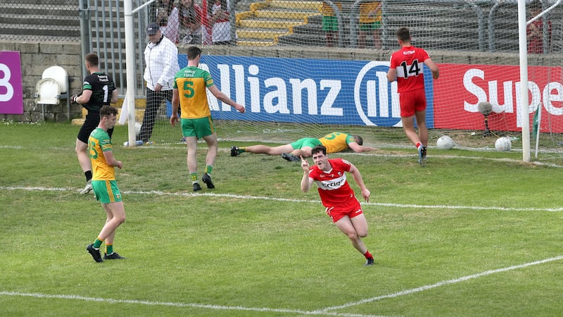 Padraig McGrogan reels away in celebration after netting Derry's third goal late on in their win over Donegal. Picture by Margaret McLaughlin