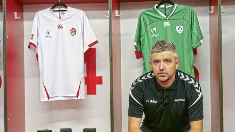 STATSports co-founder Sean O&rsquo;Connor with the jerseys of the Rugby World Cup teams using its technology 