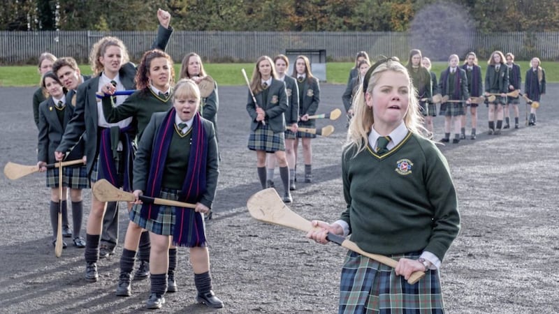 Derry Girls cast members including, front to back, Saoirse Monica Jackson, Nicola Coughlan, Jamie-Lee O&#39;Donnell, Louisa Clare Harland and Dylan Llewellyn 