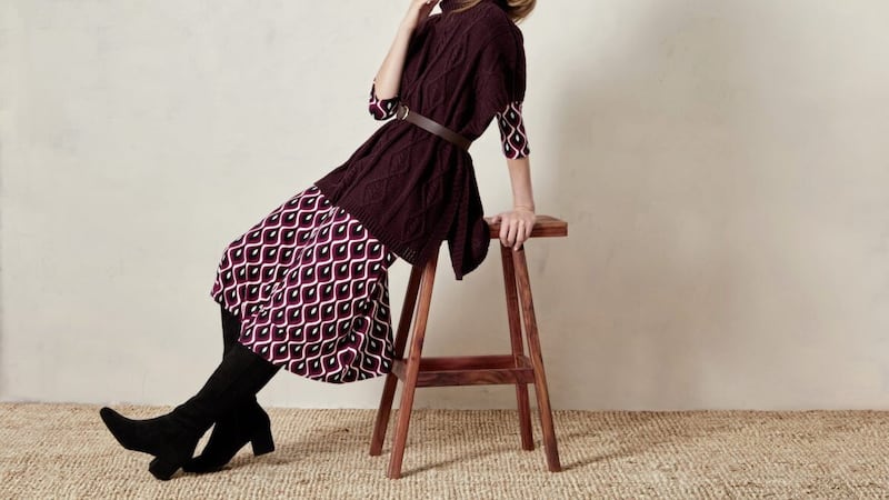 M&amp;Co Wine Cable Knit Poncho, &pound;36; Multi Twist Front Printed Dress, &pound;44; Chocolate Classic Leather Belt, &pound;18; Black Knee High Suedette Boots, &pound;49.50, available from M&amp;Co 