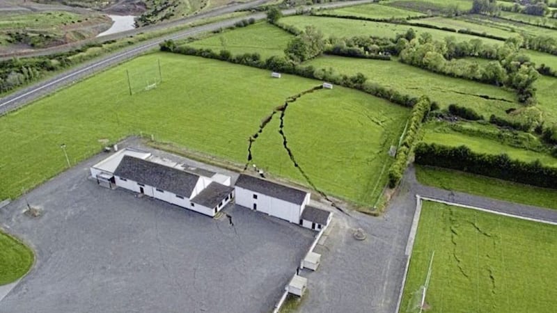 The pitch in Co Monaghan which was split in two. Picture from Twitter 