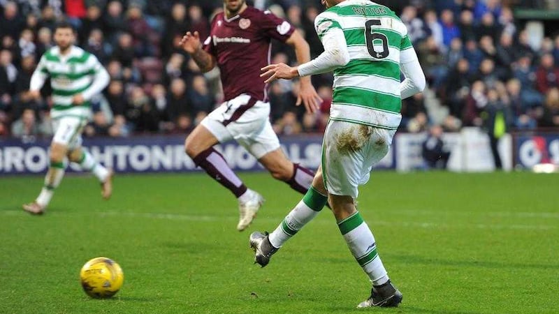 Celtic&#39;s Nir Bitton scores his side&#39;s first goal against Hearts during the Scottish Premiership clash at Tynecastle Stadium, Edinburgh 