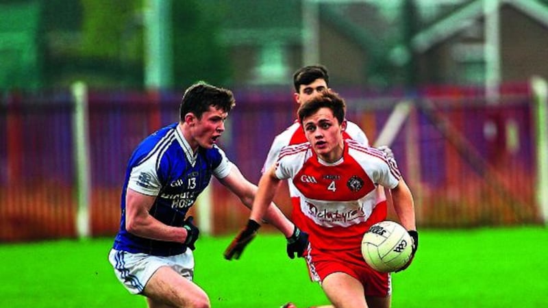 &nbsp;Kilrea&rsquo;s Shea Madden is challenged by Jeaic Kelvey of Glenties in yesterday&rsquo;s Ulster minor club football quarterfinal at St Paul&rsquo;s, Belfast Picture: Seamus Loughran