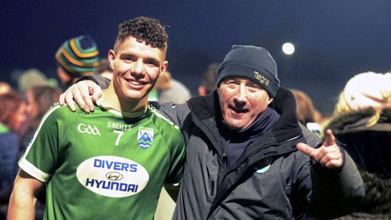 Tom Beag Gillespie (right) with Odhran McFadden-Ferry after Gaoth Dobhair&#39;s success in the Ulster Club final last December. Picture by Michael O&#39;Donnell 