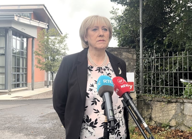 Fine Gael TD Heather Humphreys speaking outside Largy College in Clones, Co. Monaghan. 