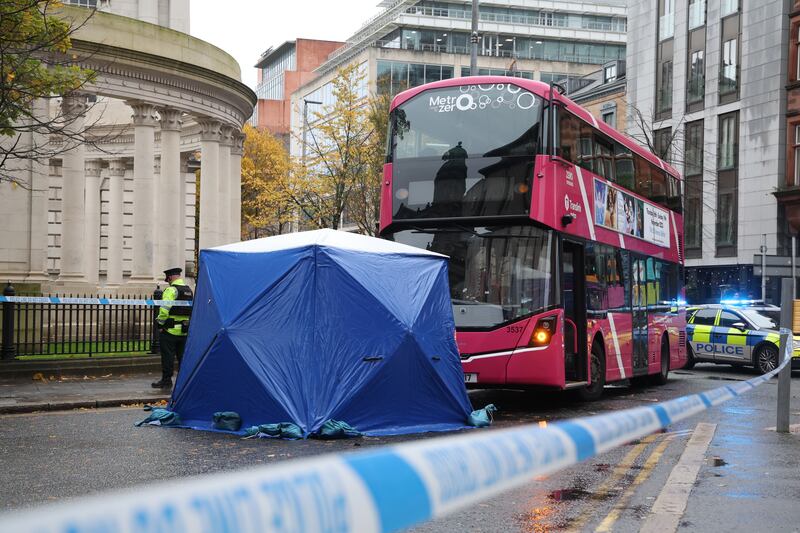 Police sealed off the scene of the collision in Donegall Square West. PICTURE: MAL MCCANN