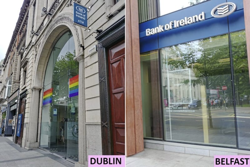Bank of Ireland on O&#39;Connell Street before Dublin Pride in June, and Bank of Ireland near city hall ahead of Belfast Pride 