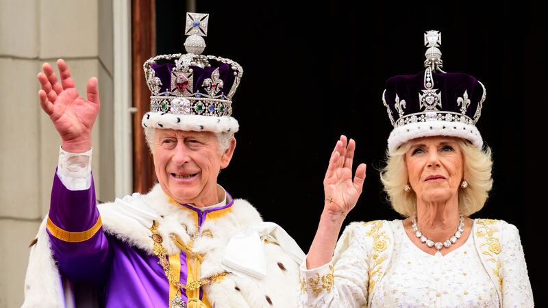 The King and Queen on the balcony of Buckingham Palace following the coronation