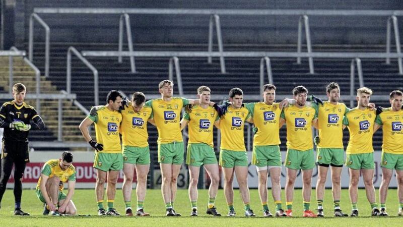 Paul Brennan (first left) of Donegal ahead of the Dr McKenna Cup Final against Tyrone. Pic Philip Walsh