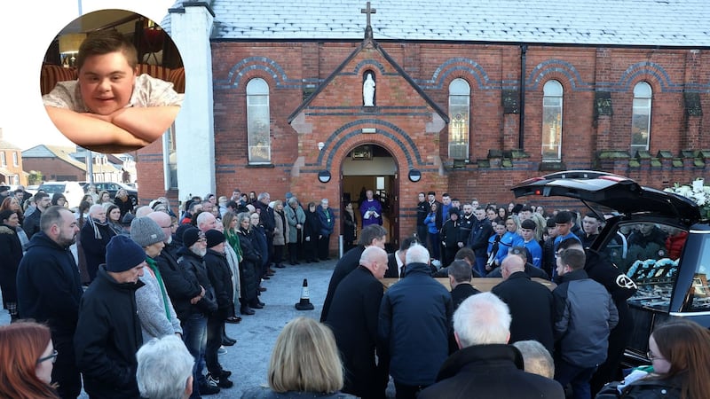 Mourners at a funeral look on as a casket is brought out of a church, Alex Duffy picture inset