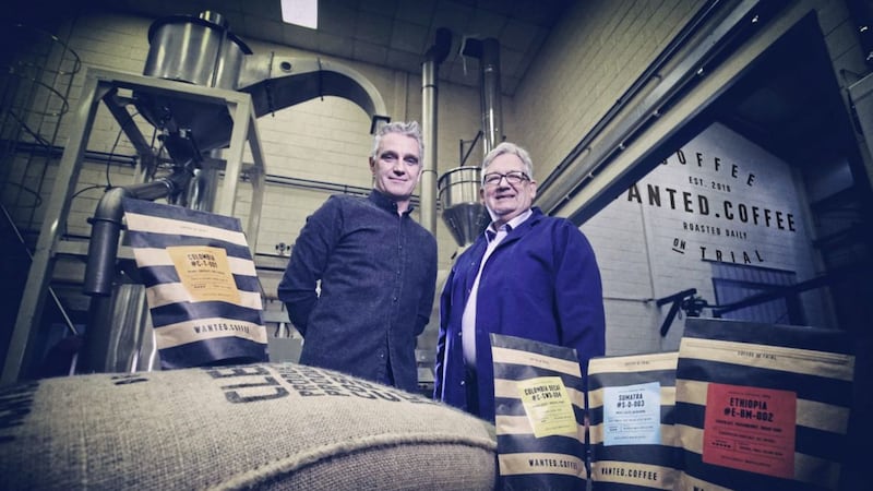 Martin Symington (right), master roaster at Wanted.Coffee, and Frank McGrady from Marks Design unveil the new Wanted.Coffee club that delivers small batch, single origin, freshly-ground coffee to your door every month 