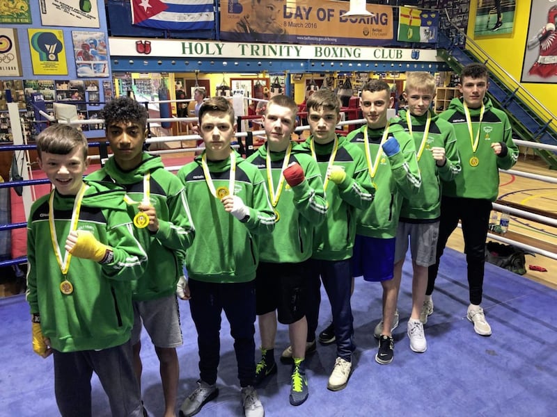 Holy Trinity have eight boxers qualified for the upcoming All-Ireland championships in Dublin following last week&rsquo;s Antrim 456 championships. They are Martin Doherty (B4 46kg), Daniel Owens (B5 39kg), Clepson dos Santos (B5 44kg), Mason McLintock (B5 48kg), Kyle McGreevy (B5 50kg), Patrick Mullan (B5 52kg), Padraig McCleary (B6 50kg) and Jon McConnell (B6 54kg) 