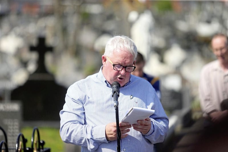 Saoradh chairman Brian Kenna speaking in Milltown Cemetery, west Belfast Picture Mal McCann. 