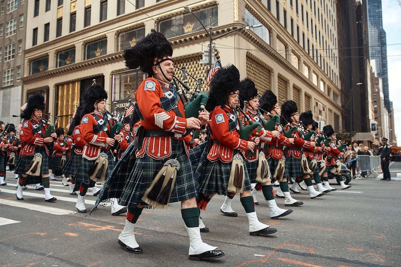 Bagpipers march along Fifth Avenue during the St Patrick’s Day Parade (AP)