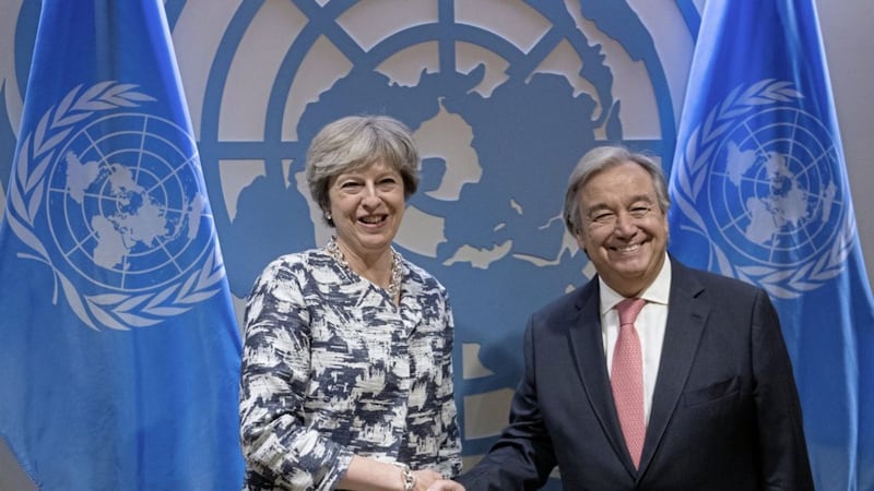 Prime Minister Theresa May is greeted by United Nations Secretary General Antonio Guterres as she arrives at the UN General Assembly in New York, US PICTURE: Stefan Rousseau/PA 