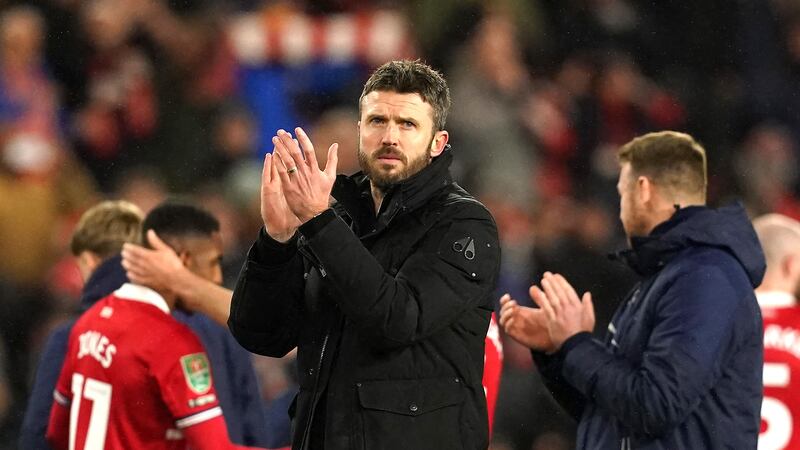 Middlesbrough head coach Michael Carrick (centre) has told his players to embrace the challenge of their Carabao Cup semi-final trip to Chelsea