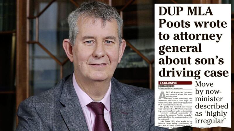 The DUP&#39;s Edwin Poots, and inset, how The Irish News revealed he wrote to the Attorney General about his son&#39;s driving case 
