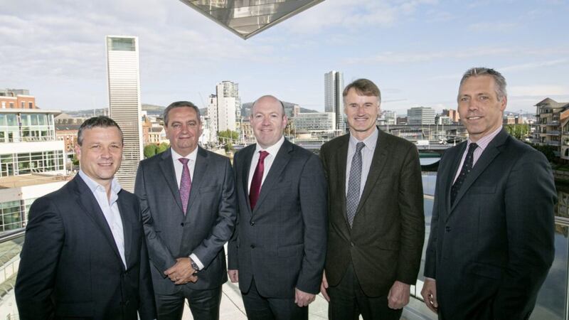 Launching the &pound;1.5m investment in AI are (from left) Allen Martin (Kernel Capital partner), Mark Godfrey and Simon Cole (both Automated Intelligence), William McCulla (director corporate finance at Invest NI) and Gavin Kennedy (head of business banking at Bank of Ireland UK) 
