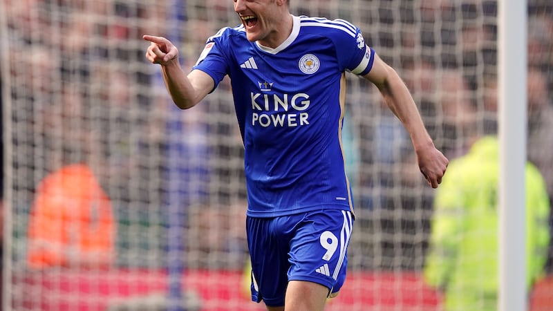 Leicester’s Jamie Vardy celebrates scoring the third