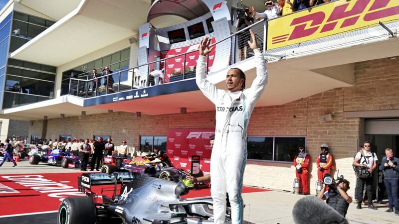 Mercedes driver Lewis Hamilton celebrates winning his sixth world championship after the United States Grand Prix in Texas 