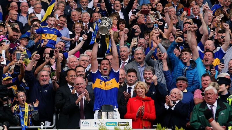 Seamus Callanan hoists aloft the Liam MacCarthy Cup after leading Tipperary to the 2019 All-Ireland title. Picture by Seamus Loughran