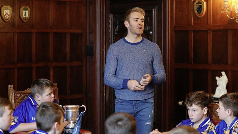 Tipperary hurling star Noel McGrath chats to students at St Killian&#39;s College Garron Tower during his visit to the school last week Picture by John McIlwaine 