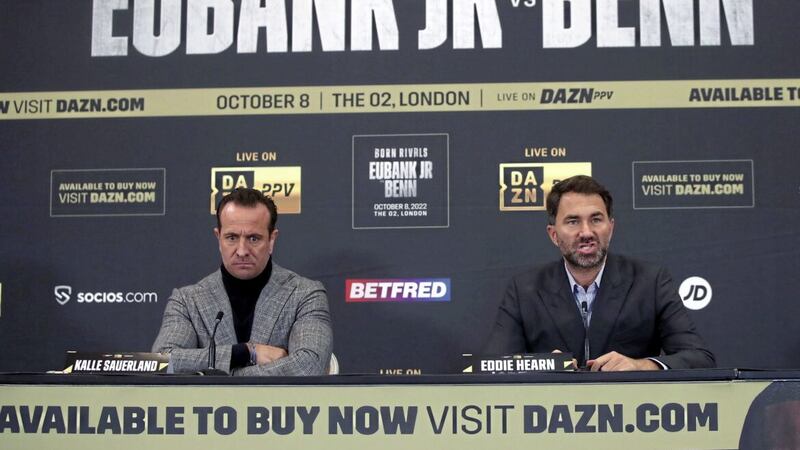 Grim-faced promoters Kalle Sauerland and Eddie Hearn during a press conference at the Canary Riverside Plaza Hotel London after Matchroom announced that the fight between Chris Eubank Jr and Conor Benn, which was scheduled to take place tomorrow at The O2, has been postponed. 