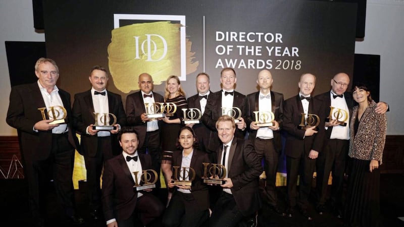 Two business leaders from Northern Ireland were among the winners at the Institute of Directors (IoD) Director of the Year Awards. Pictured with other national winners, back row, from left: Denis Lynn, chairman of Lynn&rsquo;s Country Foods and Northern Ireland&rsquo;s Chief Fire and Rescue Officer, Gary Thompson won Director of the Year for Inclusivity. 