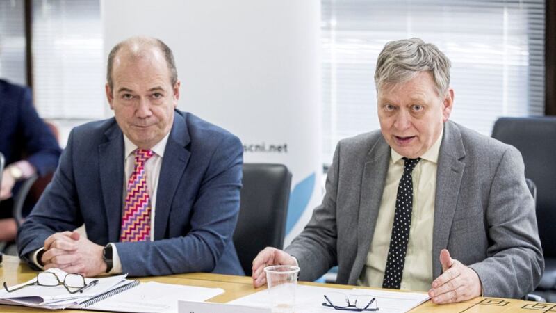 Chief Medical Officer Dr Michael McBride (left) alongside Dr Gerry Waldron, Assistant Director of Public Health (Health Protection) at the PHA, during a a Covid-19 briefing in Belfast. Picture by Liam McBurney/PA Wire 