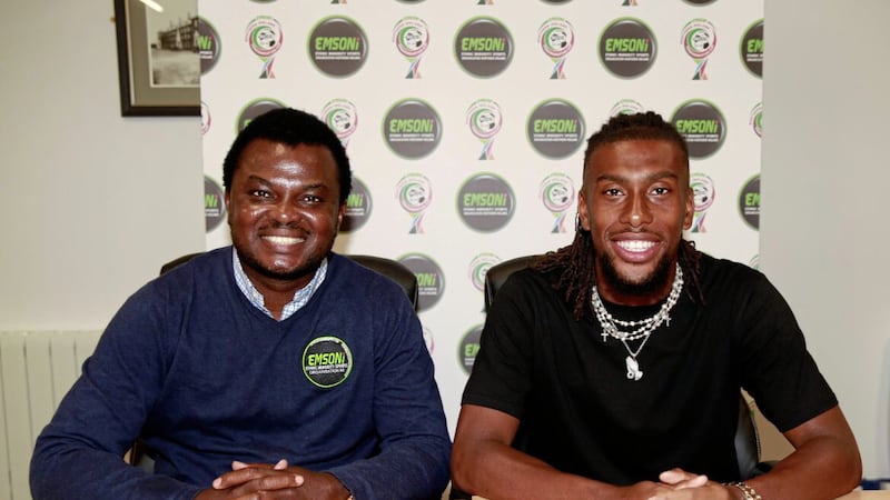 Adekanmi Abayomi, founder and chair of EMSONI, with Everton and Nigeria footballer Alex Iwobi in Belfast. Pic: Philip Walsh 