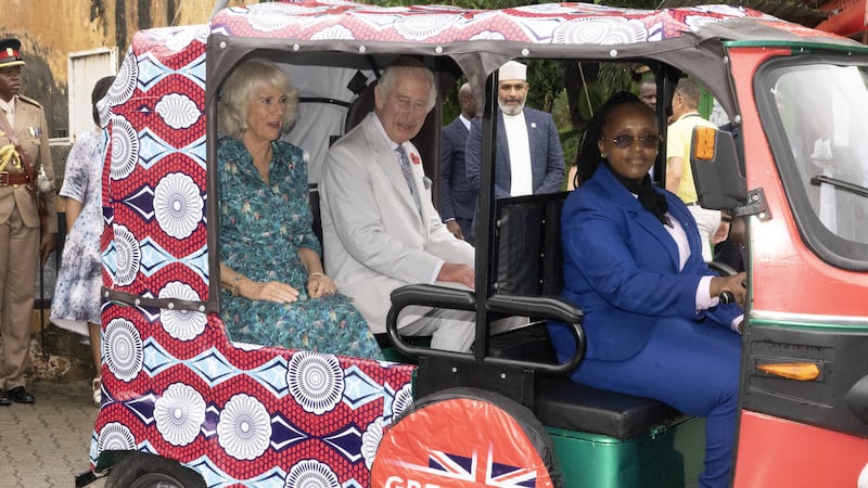 Charles and Camilla arrived by tuk-tuk at Fort Jesus in Mombasa (Ian Vogler/Daily Mirror/PA)