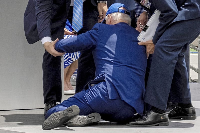 President Joe Biden falls on stage at the US Air Force Academy Graduation Ceremony in Colorado earlier this month. Picture by AP Photo/Andrew Harnik 