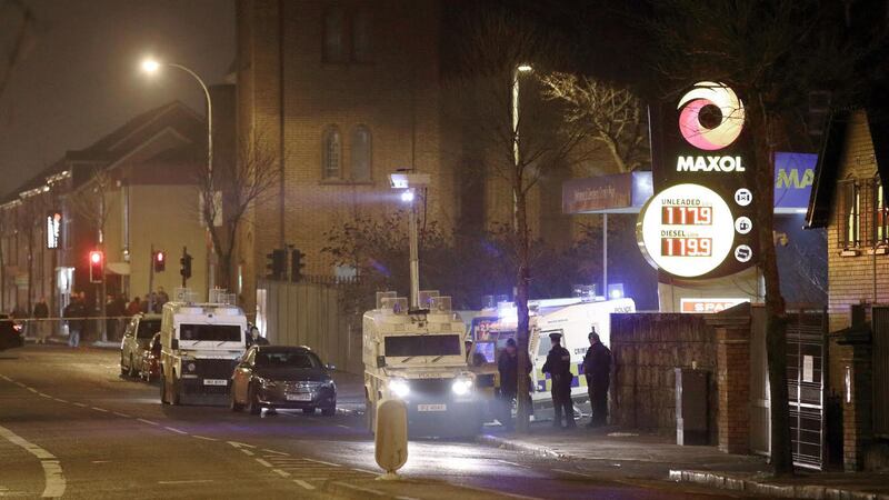 The scene on the Crumlin Road, Belfast, where a police officer was shot in the arm after a number of shots were fired from a car. Picture by Cliff Donaldson &nbsp;