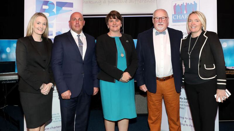 From left, DUP councillor Sharon Skillen, with loyalist Dee Stitt, First Minister Arlene Foster, Charter NI chairman Drew Haire and project manager Caroline Birch at the launch of the &pound;1.7m SIF funding 