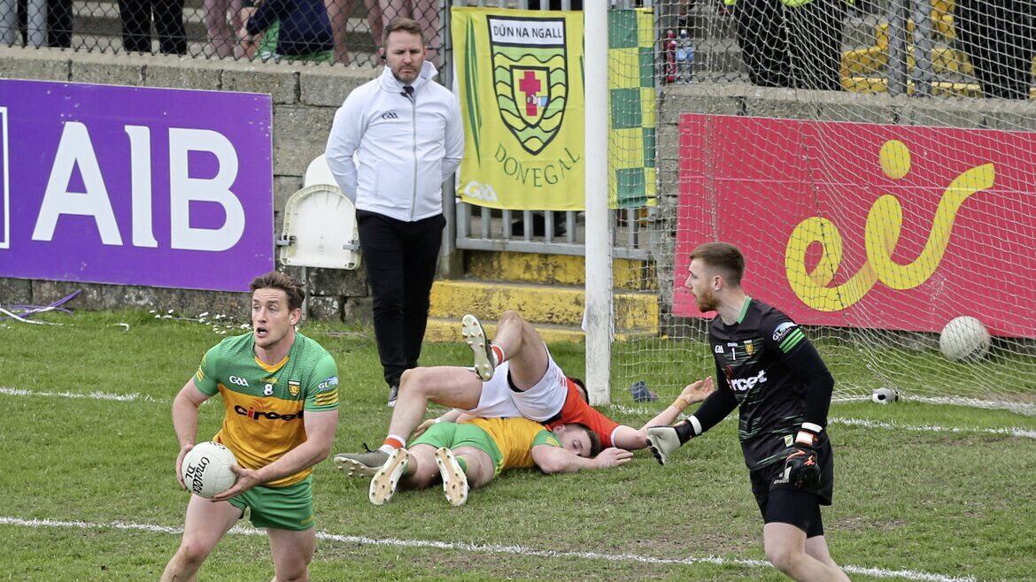 Donegal Hugh McFadden collects the incoming goal threat from Armagh during the Ulster Senior Football Championship quarter final match played at Ballybofey on Sunday 24th April 2022. Picture Margaret McLaughlin.