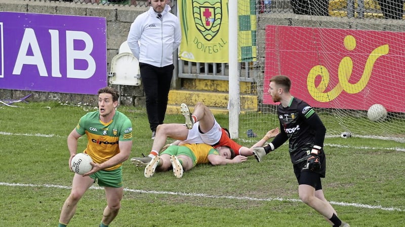 Donegal Hugh McFadden collects the incoming goal threat from Armagh during the Ulster Senior Football Championship quarter final match played at Ballybofey on Sunday 24th April 2022. Picture Margaret McLaughlin. 