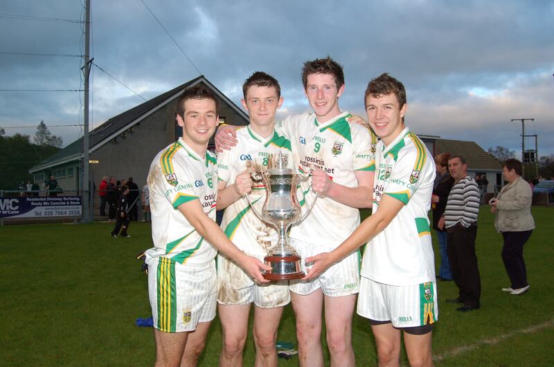 Connor Carville, Ryan Dougan, Emmett Bradley and Michael Warnock pictured after the 2011 Derry minor final win over Magherafelt. Picture: Mary K Burke