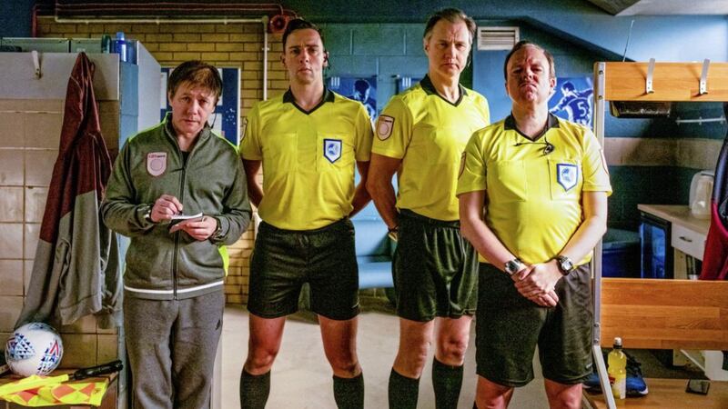 Reece Shearsmith as Brendan, Ralf Little as Phil, David Morrissey as Martin and Steve Pemberton as Oggy in Inside No 9 