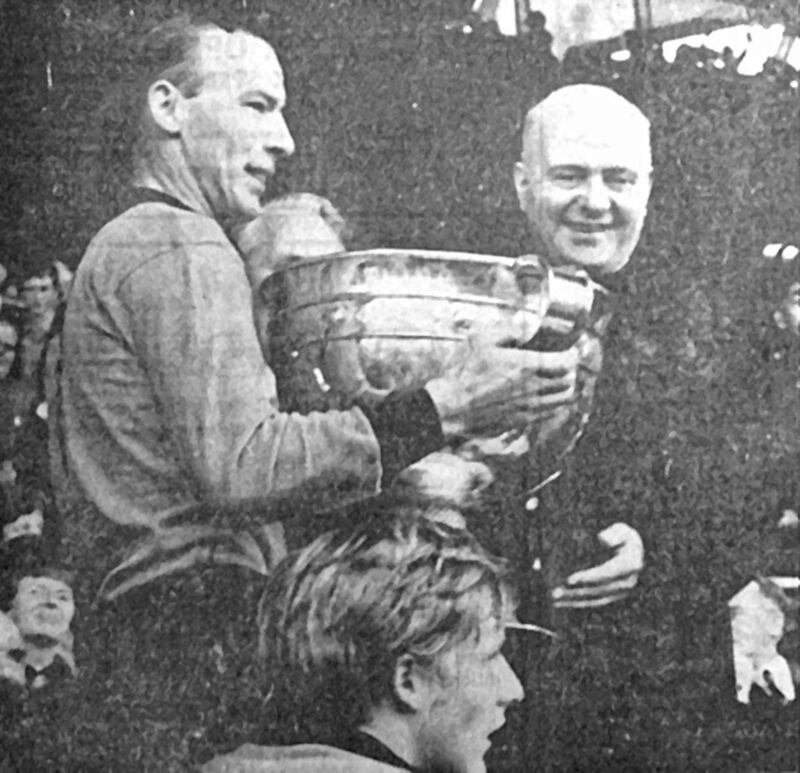 Cardinal Conway Primate of all Ireland presents the Sam Maguire cup to Down Captain Joe Lennon afther their All Ireland in 1968 
