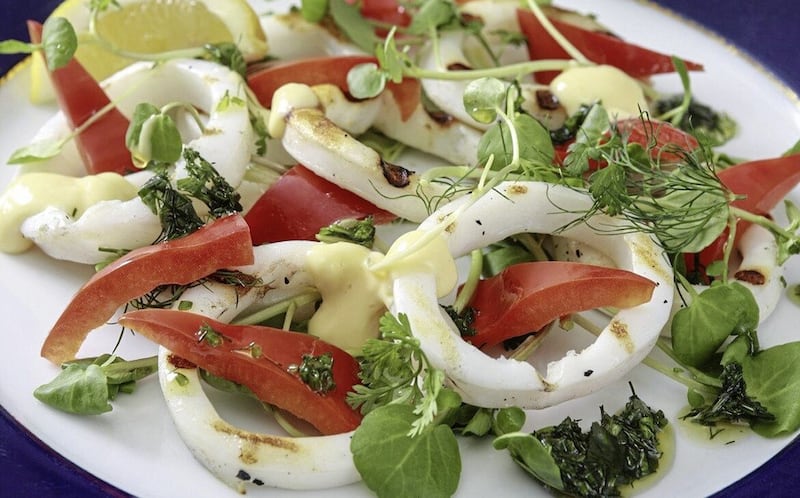 Squid with rocket and watercress salad, and paprika mayonnaise 