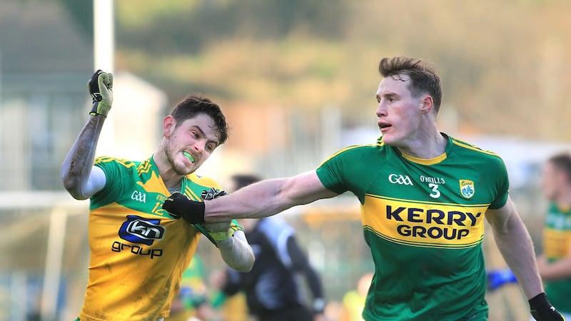 Donegal's Ryan McHugh with Mark Griffin of Kerry during Sunday's NFL match at Letterkenny. Picture by Margaret McLaughlin&nbsp;