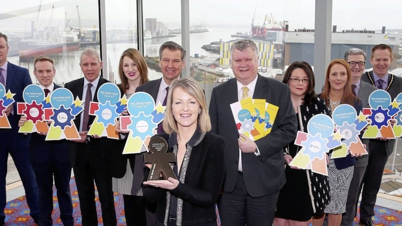 Business partners and hosts at the launch of the 2017 Irish News Workplace &amp; Employment Awards. From left - Cathal Geoghegan (Mount Charles), Ryan Feeney (Queen&rsquo;s University), Damian McGivern (Ulster University), Gerri Wright (Phoenix Natural Gas) Noel Doran (Irish News editor), Karen Patterson (BBC Radio Ulster), Gary McDonald (Irish News business editor), Orlagh O&rsquo;Neill (Carson McDowell), Laura Cowan (Titanic Belfast), Sam Davidson (Henderson Group), Cllr Paul Greenfield (Armagh, Banbridge &amp; Craigavon Council deputy mayor). Photo: Mal McCann 