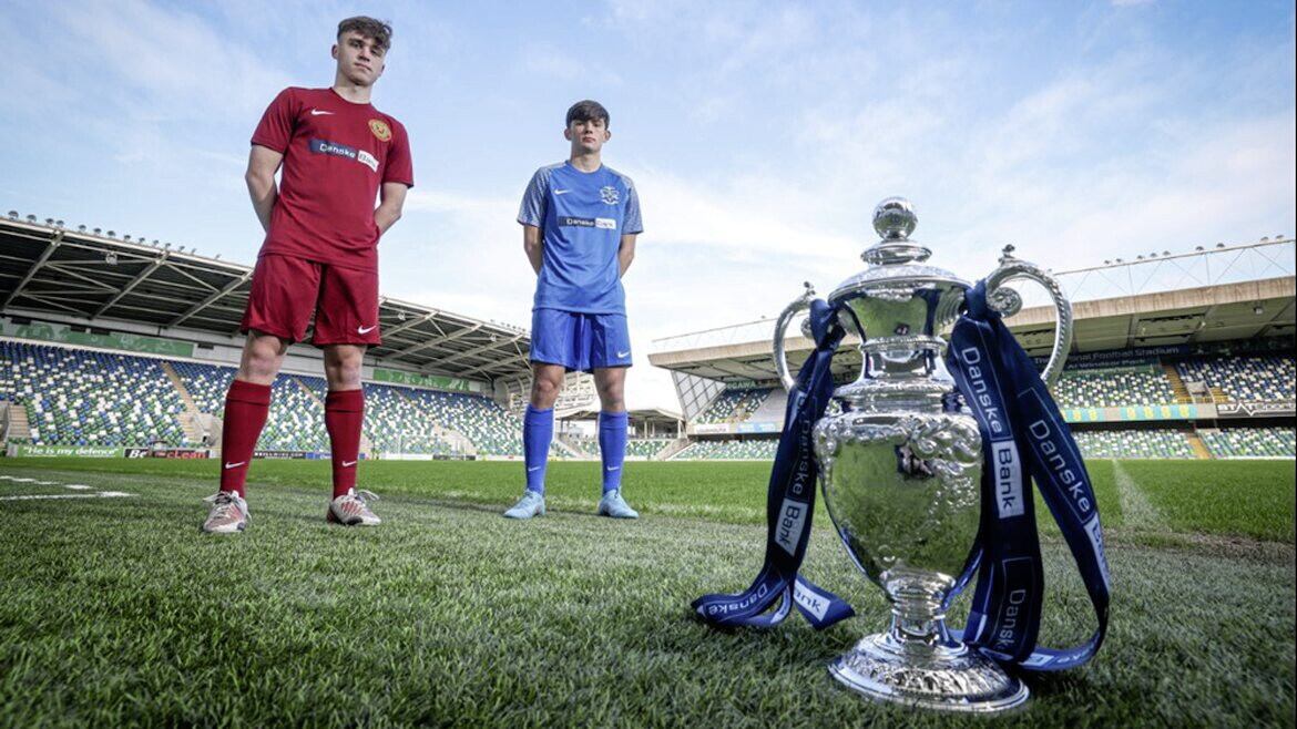 Integrated College Dungannon captain Lee McMenemy and St Columb&rsquo;s College, Derry captain Sean Carlin promote this season&rsquo;s Danske Bank Schools&rsquo; Cup final. 