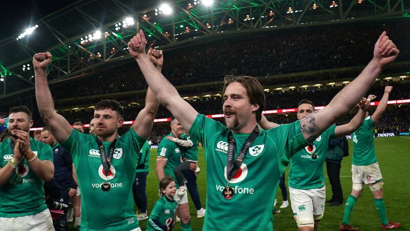 Ireland's Mackenzie Hansen and Hugo Keenan celebrate after the Guinness Six Nations win over England at the Aviva Stadium, Dublin on Saturday Picture: PA