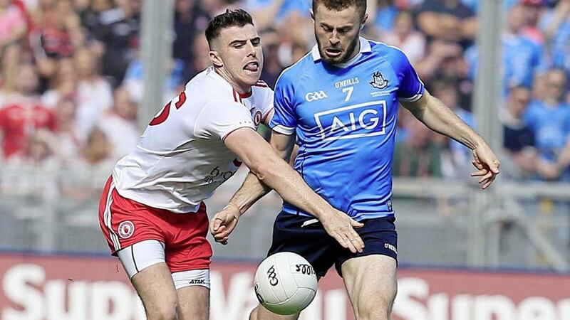 Tyrone&#39;s Conor McAliskey in pursuit of Dublin&#39;s Jack McCaffrey during the All-Ireland Senior Football Championship final at Croke Park, Dublin on September 2 2018. Picture by Philip Walsh. 